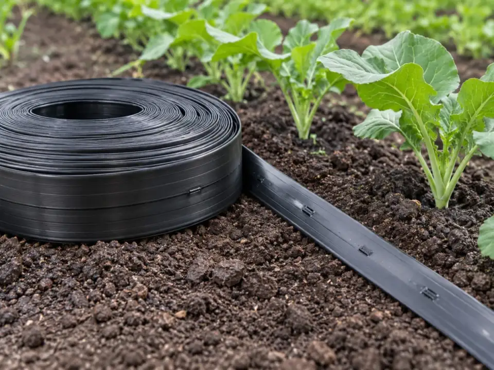 Coiled black drip tape beside vegetable seedlings