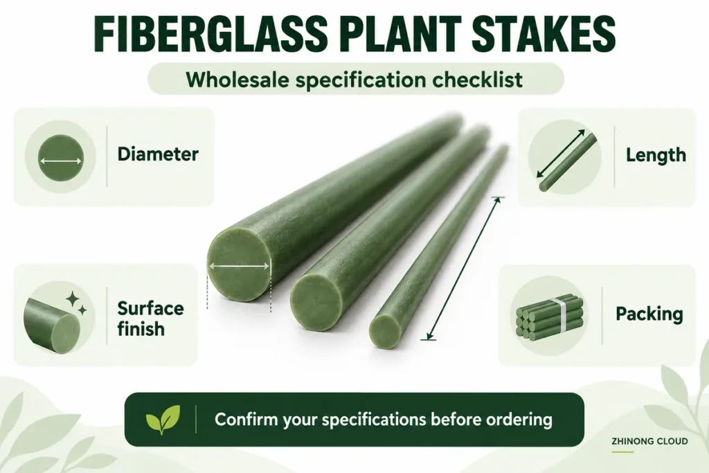 Illustrated fiberglass plant stakes wholesale checklist: diameter, length, surface finish and packing