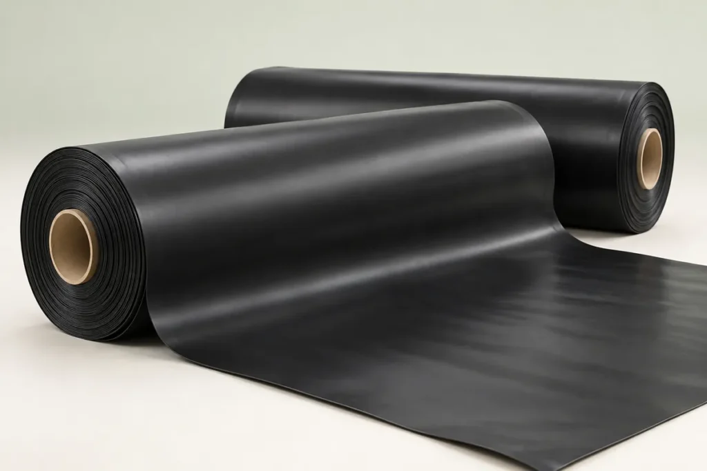 AI-generated illustration of black HDPE geomembrane liner rolls