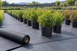 AI-generated illustration of woven weed control fabric beneath container plants in a nursery