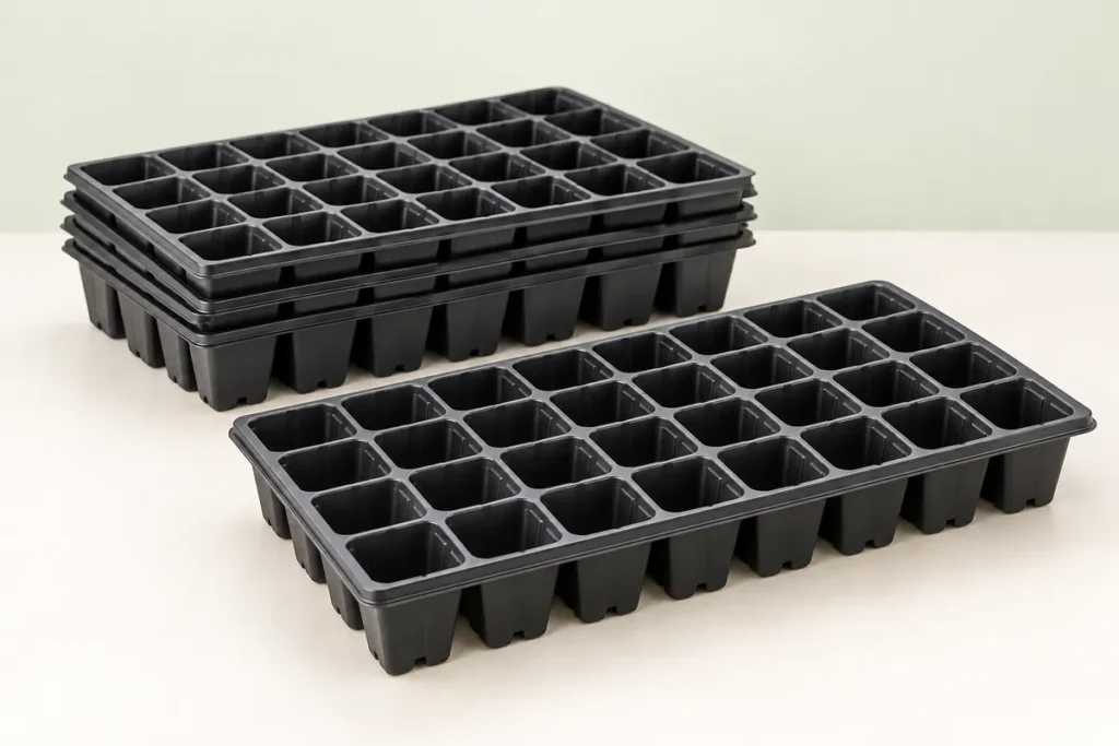 AI-generated illustration of black multicell seedling propagation trays